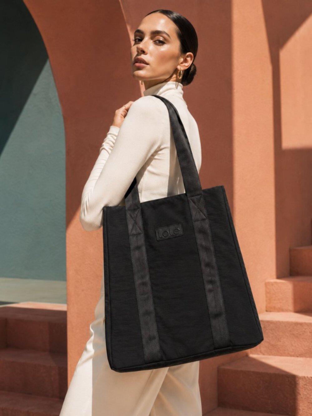 Lolë Black Nylon Shoulder Tote Bag